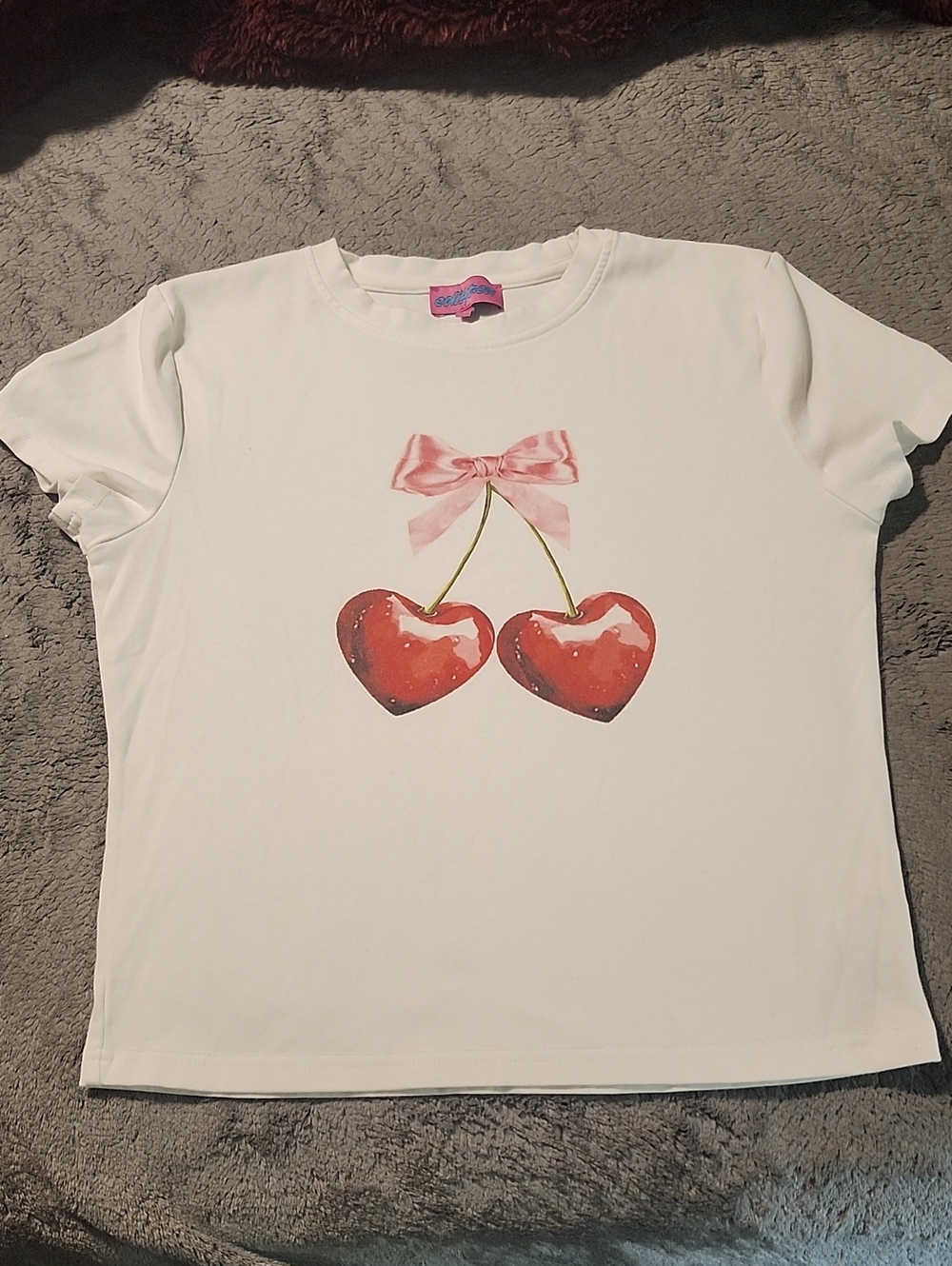 Edikted White Tee with Pink Bow and Red Heart Cherries
